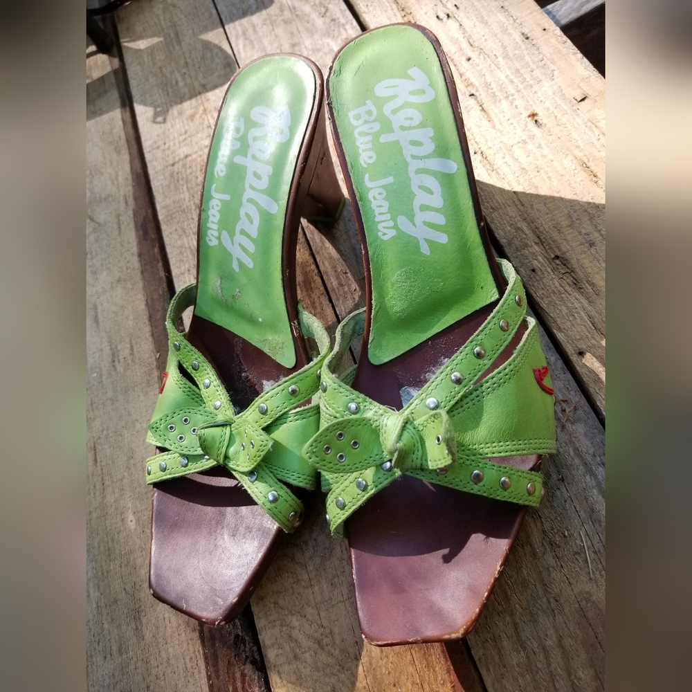 Size 8.5 High Heel Shoes Replay Blue Jean's Ladies Green Open Toe Platform 40 Eu